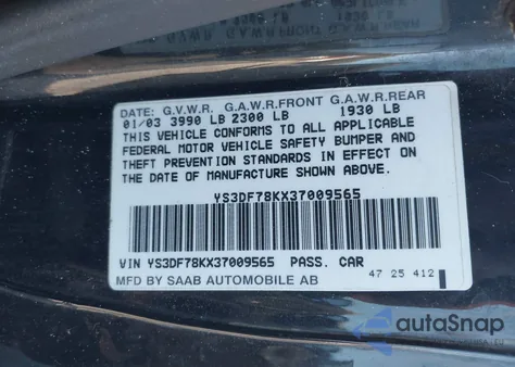 2003 Saab 93 z USA, uszkodzony, nr VIN YF3DF78KX37009565